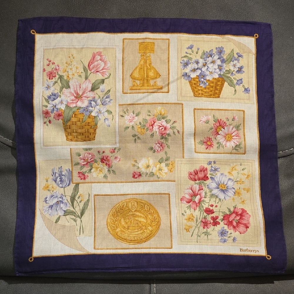 Vintage Burberry Floral Patchwork Scarf with Purple Border